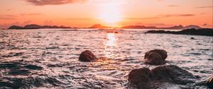 Preview wallpaper sunset, water, stones, waves, coast