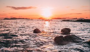 Preview wallpaper sunset, water, stones, waves, coast