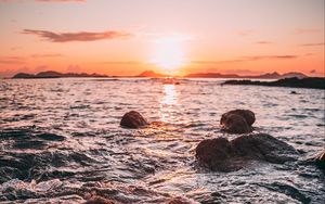 Preview wallpaper sunset, water, stones, waves, coast