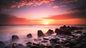 Preview wallpaper sunset, water, stones, fog