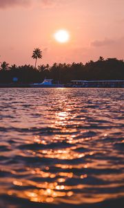 Preview wallpaper sunset, waves, water, boat, palm trees