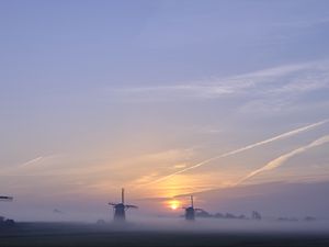 Preview wallpaper sunset, windmills, fog, dusk, landscape