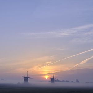 Preview wallpaper sunset, windmills, fog, dusk, landscape