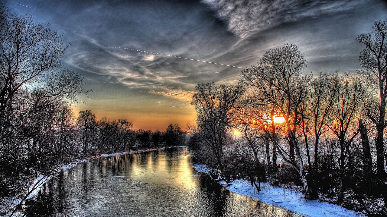 Wallpaper sunset, winter, river, sky, hdr