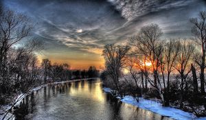 Preview wallpaper sunset, winter, river, sky, hdr