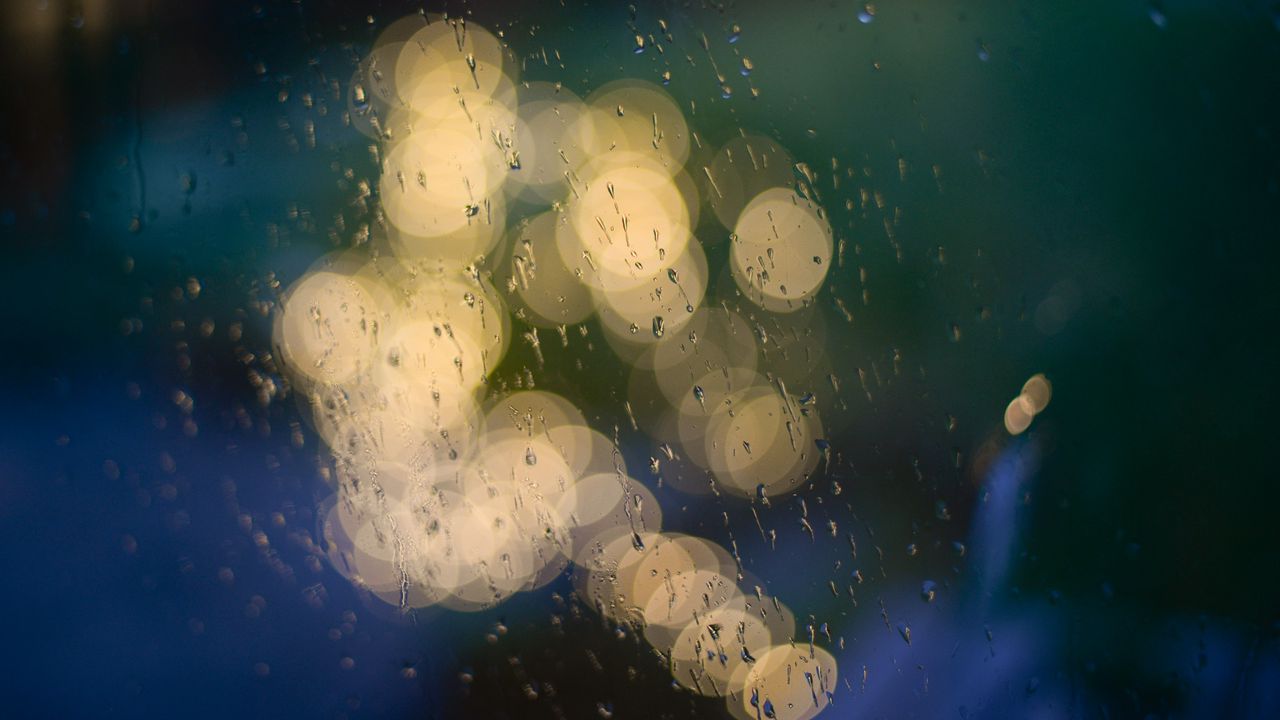 Wallpaper surface, drops, bokeh, glass, rain, wet, lights