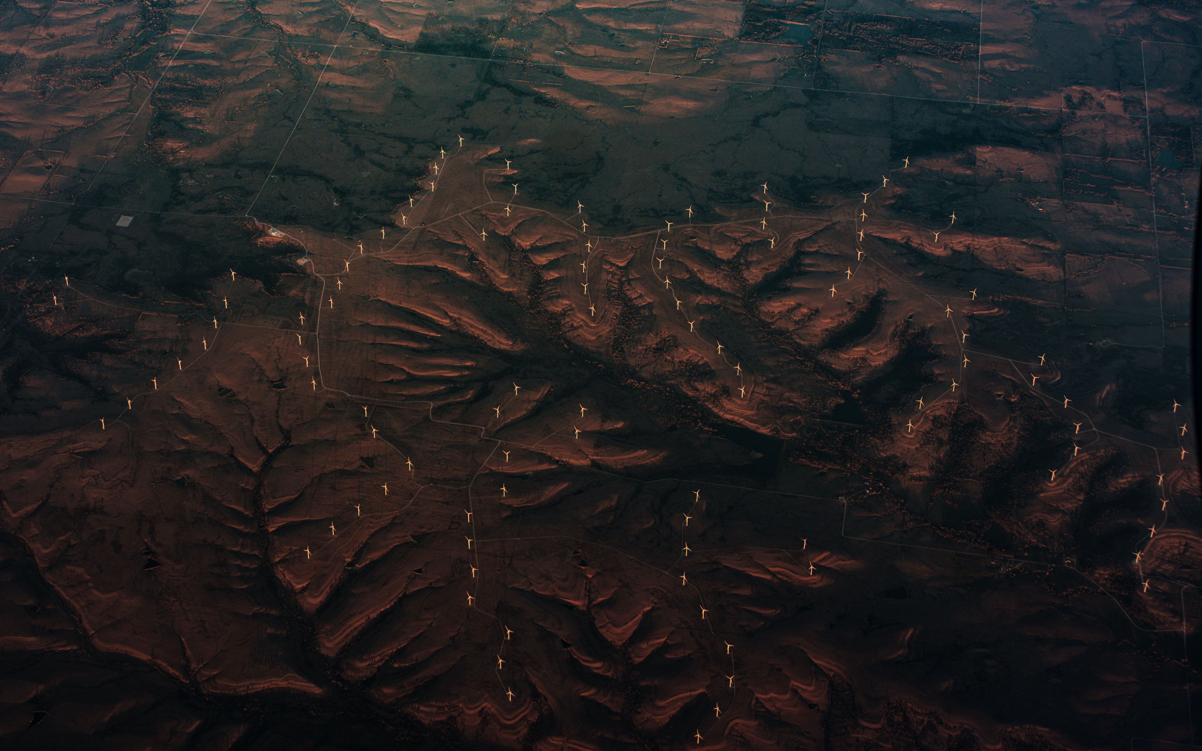 3840x2400 Wallpaper surface, relief, roads, aerial view, dark