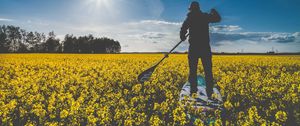 Preview wallpaper surfer, field, flowers, row, sunlight