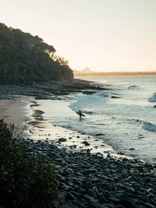 Preview wallpaper surfer, silhouette, beach, ocean, waves, water