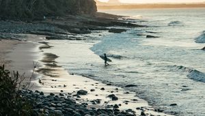 Preview wallpaper surfer, silhouette, beach, ocean, waves, water