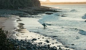 Preview wallpaper surfer, silhouette, beach, ocean, waves, water
