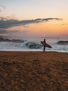 Preview wallpaper surfer, surfboard, surfing, beach, wave, ocean