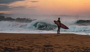 Preview wallpaper surfer, surfboard, surfing, beach, wave, ocean