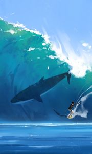 Preview wallpaper surfer, surfing, shark, wave, art