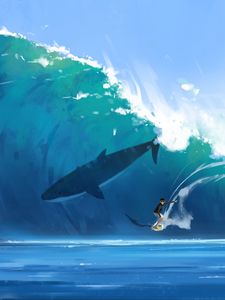 Preview wallpaper surfer, surfing, shark, wave, art