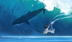 Preview wallpaper surfer, surfing, shark, wave, art