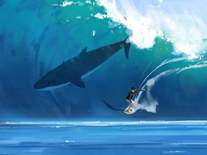 Preview wallpaper surfer, surfing, shark, wave, art