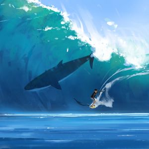 Preview wallpaper surfer, surfing, shark, wave, art