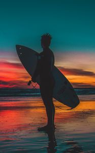 Preview wallpaper surfer, surfing, shore, sunset, twilight