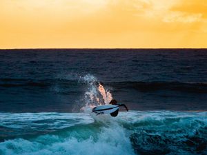 Preview wallpaper surfer, surfing, wave, horizon, sunset