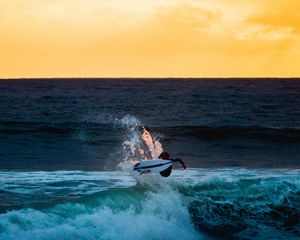 Preview wallpaper surfer, surfing, wave, horizon, sunset