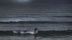 Preview wallpaper surfer, surfing, waves, sea, ocean, overcast