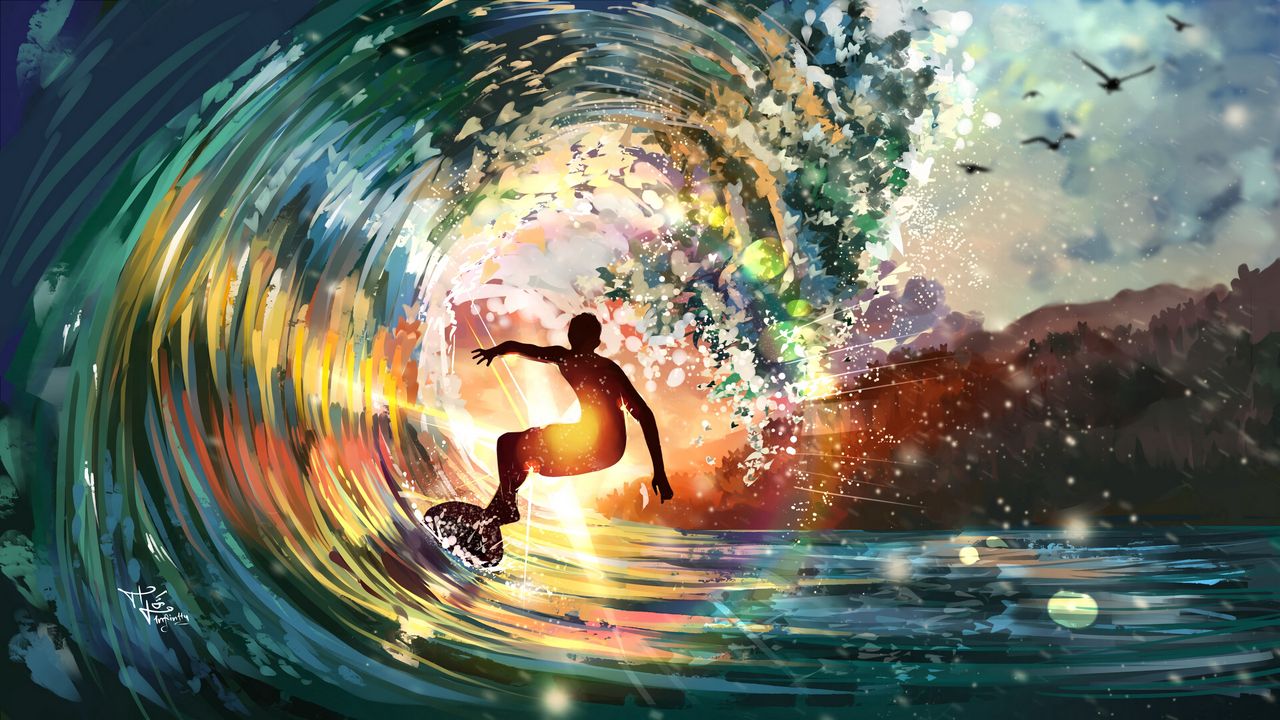 Wallpaper surfer, wave, sunlight, bright, art