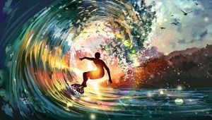 Preview wallpaper surfer, wave, sunlight, bright, art