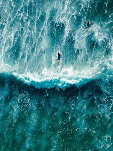 Preview wallpaper surfers, waves, aerial view, surfing, ocean