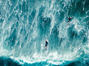 Preview wallpaper surfers, waves, aerial view, surfing, ocean