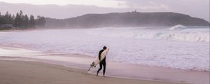 Preview wallpaper surfing, board, man, waves, coast, beach