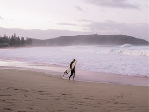 Preview wallpaper surfing, board, man, waves, coast, beach