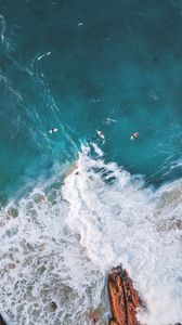 Preview wallpaper surfing, ocean, rocks, aerial view