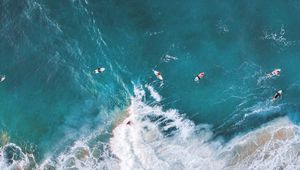 Preview wallpaper surfing, ocean, rocks, aerial view