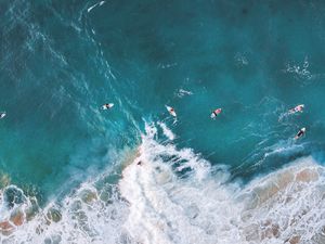 Preview wallpaper surfing, ocean, rocks, aerial view