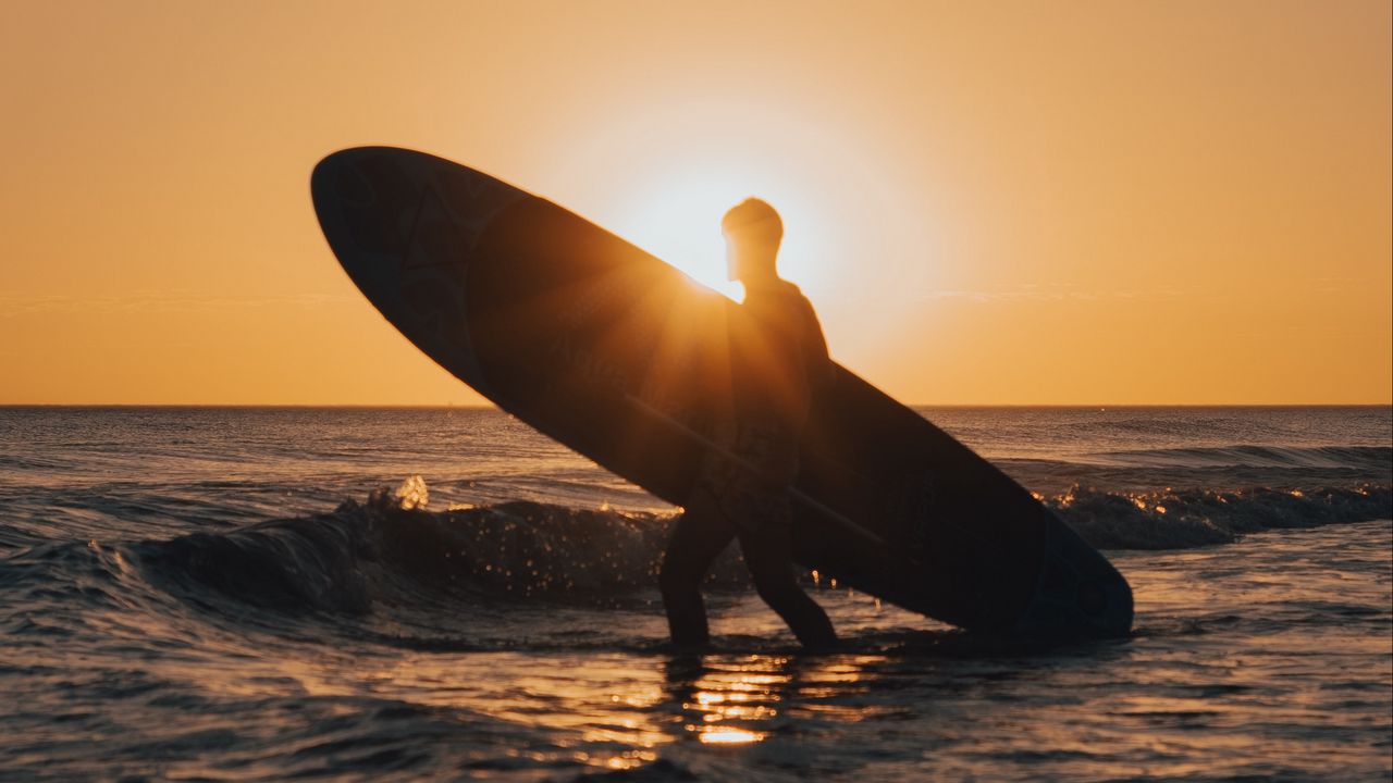 Wallpaper surfing, surfer, silhouette, sunset, waves