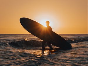 Preview wallpaper surfing, surfer, silhouette, sunset, waves