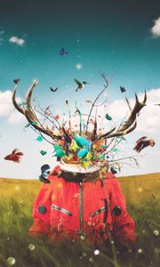 Preview wallpaper surrealism, astronaut, art, imagination, deer, horns, field
