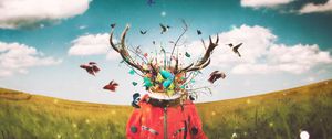 Preview wallpaper surrealism, astronaut, art, imagination, deer, horns, field