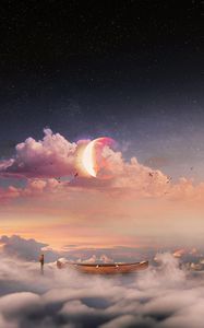 Preview wallpaper surrealism, boat, clouds, lonely, man, starry sky