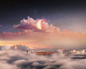 Preview wallpaper surrealism, boat, clouds, lonely, man, starry sky