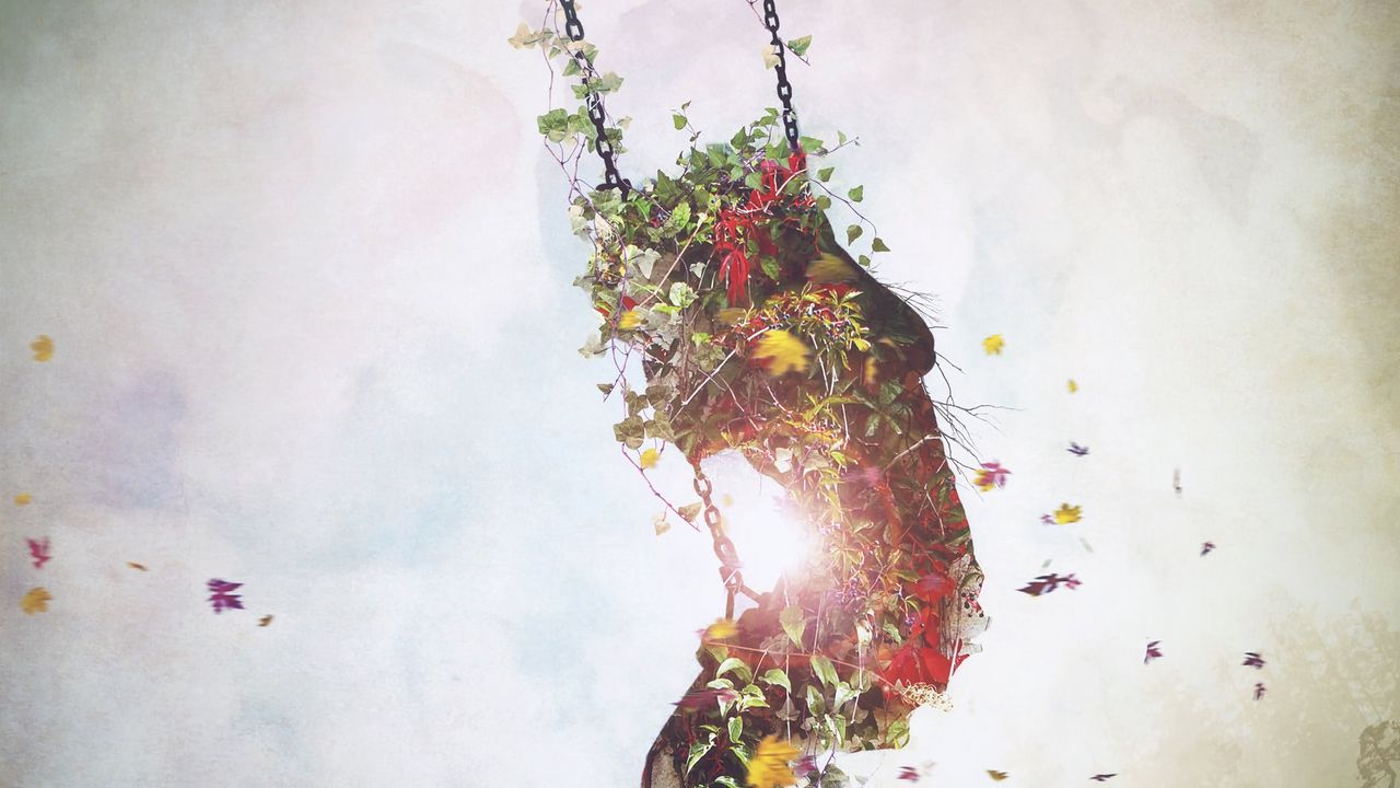 Wallpaper surrealism, swings, flowers, leaves, imagination, art