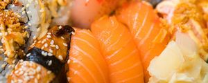 Preview wallpaper sushi, rolls, fish, rice, sesame