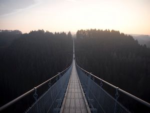 Preview wallpaper suspension bridge, bridge, fog, forest