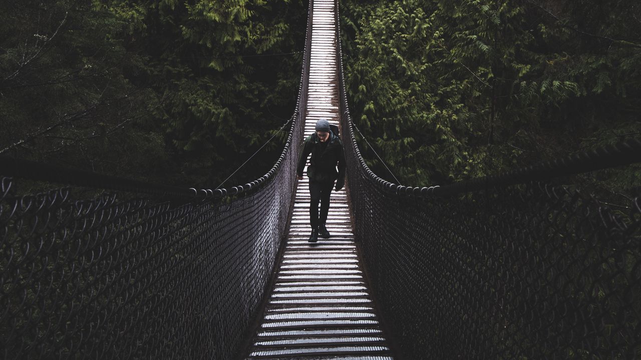 Wallpaper suspension bridge, bridge, man, trees, forest