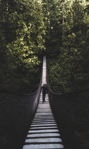 Preview wallpaper suspension bridge, bridge, man, trees, forest