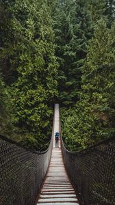 Preview wallpaper suspension bridge, man, forest, trees