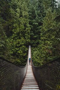 Preview wallpaper suspension bridge, man, forest, trees