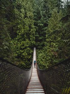 Preview wallpaper suspension bridge, man, forest, trees