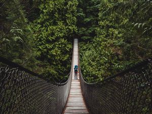 Preview wallpaper suspension bridge, man, forest, trees